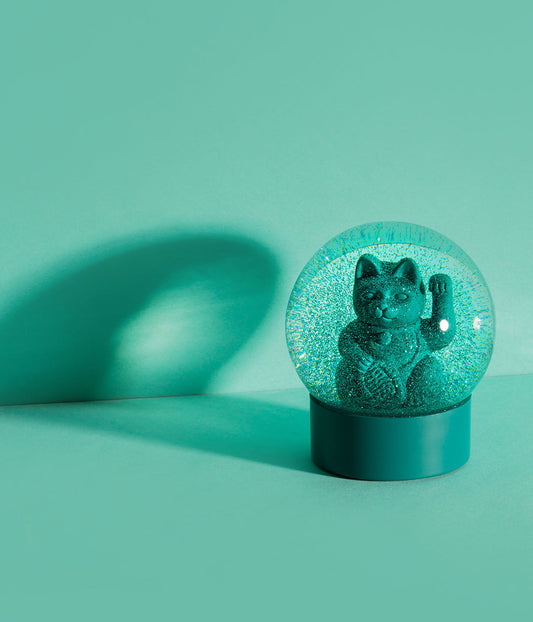 Lucky Cat Glitter Snow Globe Green