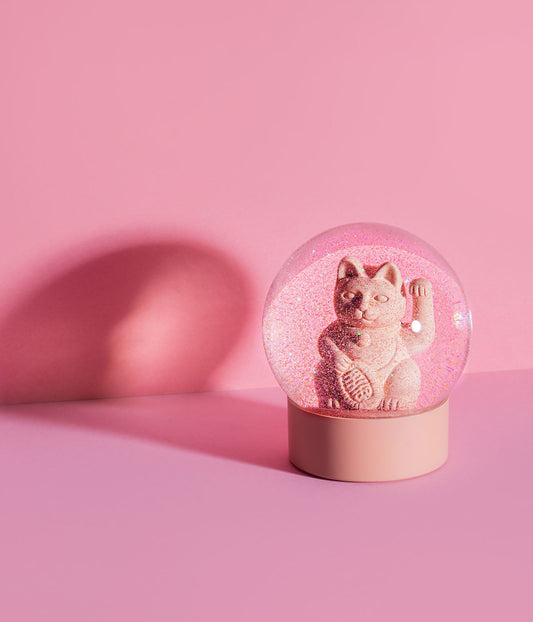 Lucky Cat Glitter Snow Globe Pink
